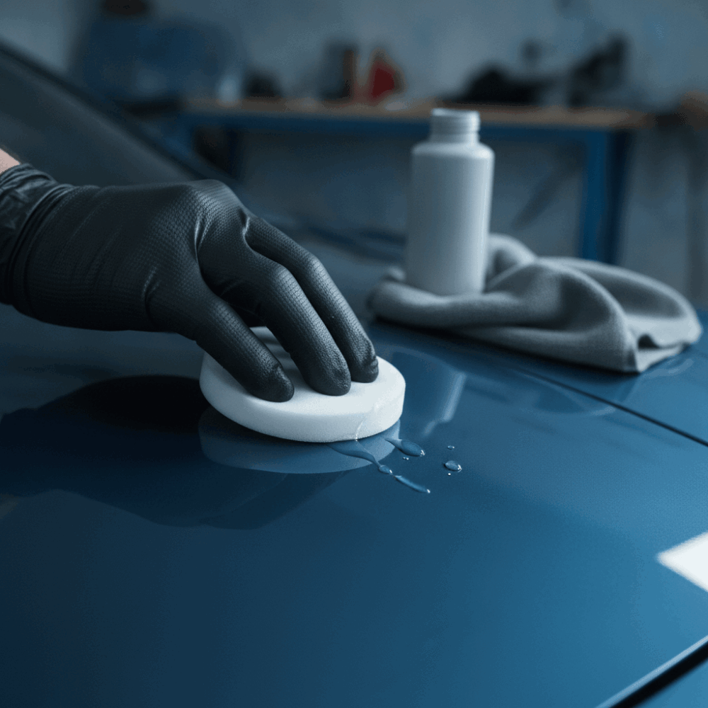Gros plan sur des mains gantées appliquant un produit de polissage céramique sur une carrosserie automobile
