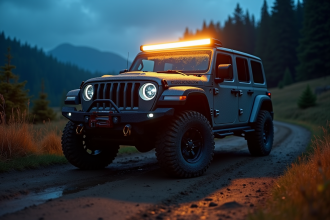 SUV tout-terrain sur un sentier au crépuscule avec phares LED