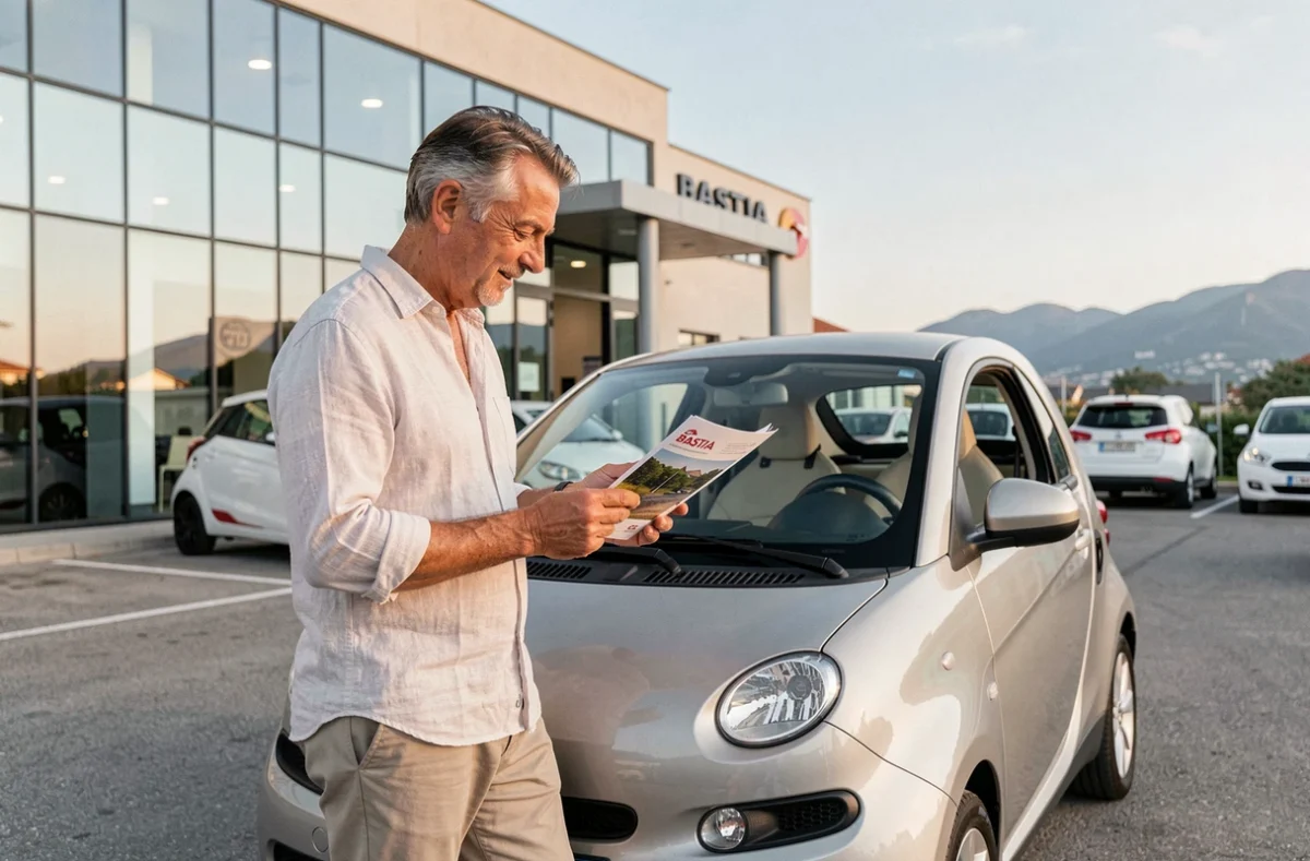 Homme consultant une brochure de voiture sans permis devant une concession automobile à Bastia en Corse