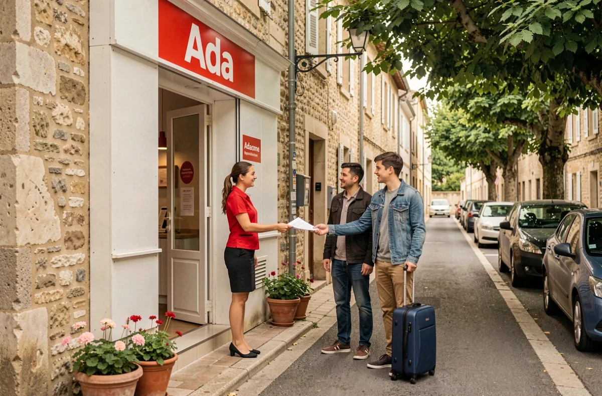 Agence Ada avec une agente en uniforme rouge remettant un contrat de location à un couple devant l'agence