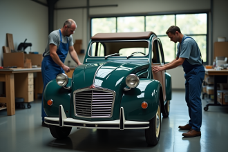Voiture 2cv vintage en cours d'assemblage par des artisans dans un atelier lumineux