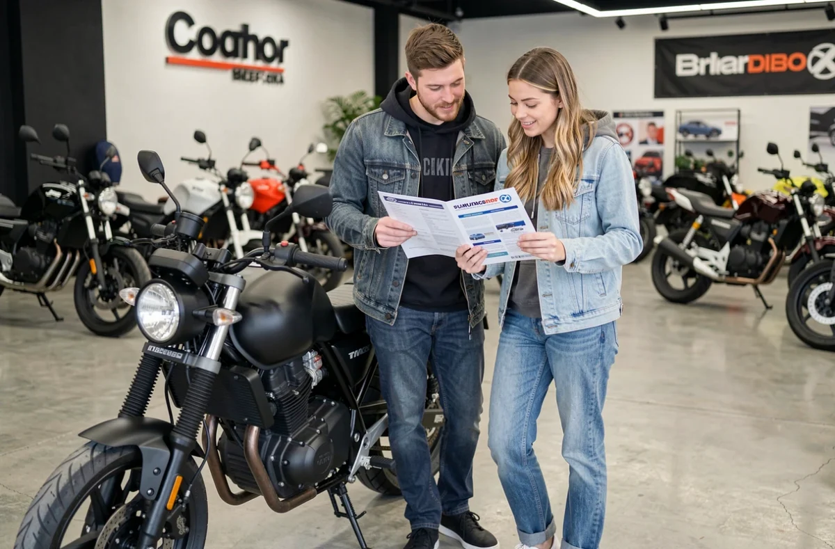 Deux amis dans un concessionnaire moto examinant une brochure d'assurance pour une 125cc noire exposée en salle
