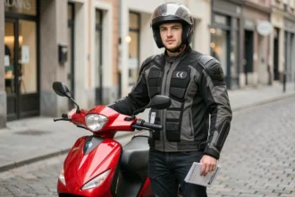 Jeune homme avec casque et blouson moto à côté d'une 125cc rouge en milieu urbain, tenant des documents d'assurance