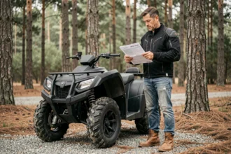 Homme en tenue de motocross étudiant son contrat d'assurance quad 500cc sur un sentier forestier