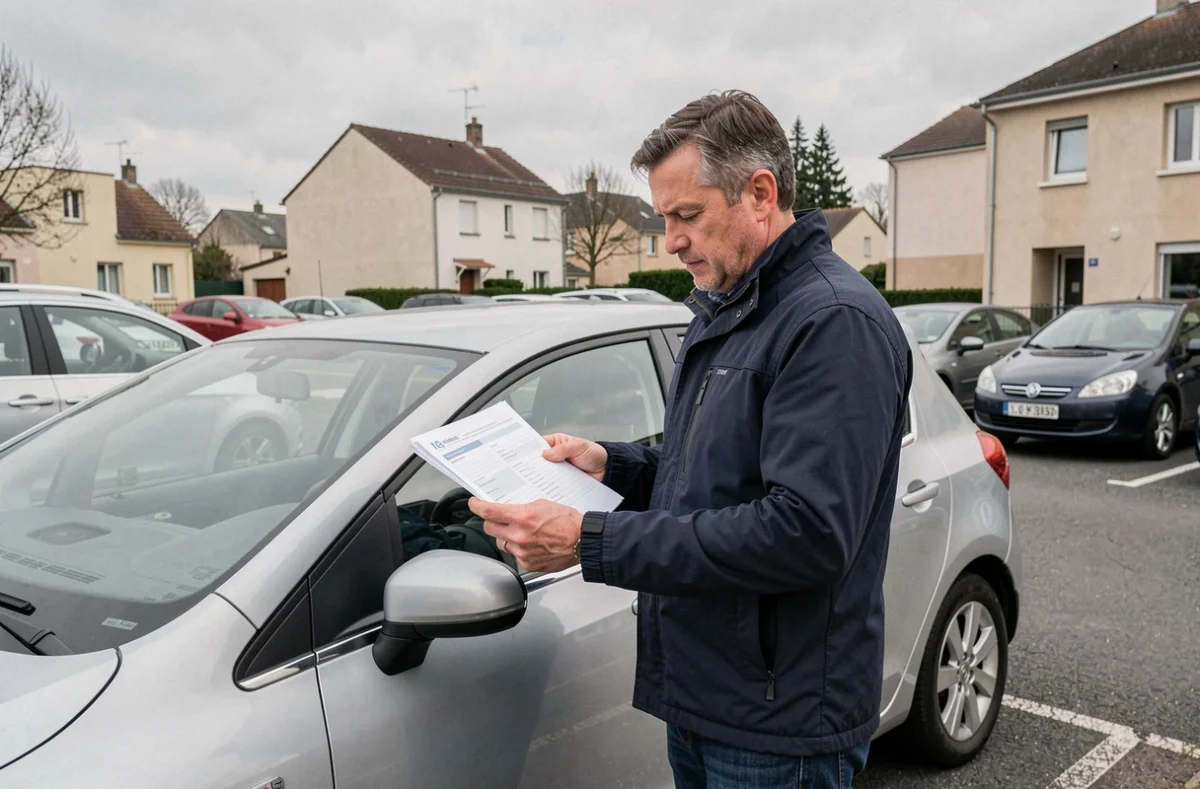 Homme examinant son contrat d'assurance voiture à côté de son véhicule dans un parking de banlieue