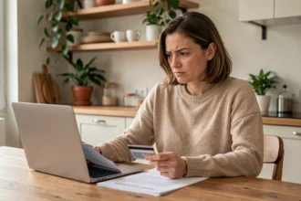 Femme consultant des documents d'assurance voiture sans paiement immédiat sur un ordinateur portable à la maison