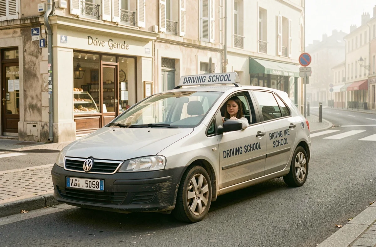La voiture-école de l'Auto Ecole Dorian garée dans une rue commerçante du Loiret avec une élève à bord