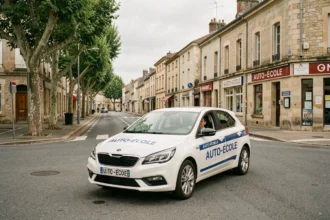 Une auto-école dans une rue typique du Loiret avec une voiture-école garée devant un bâtiment en pierre