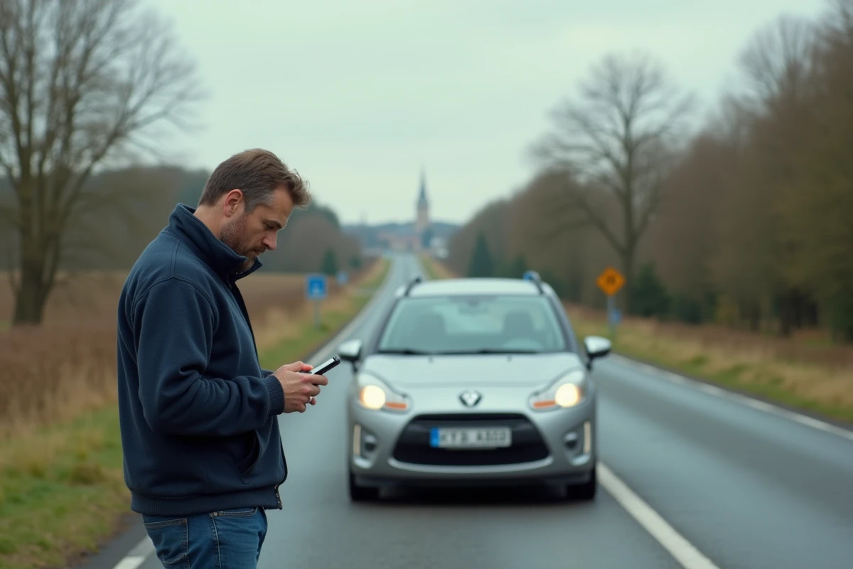 Automobiliste consultant son smartphone sur une route nationale française pour éviter les péages autoroutiers et trouver un itinéraire alternatif