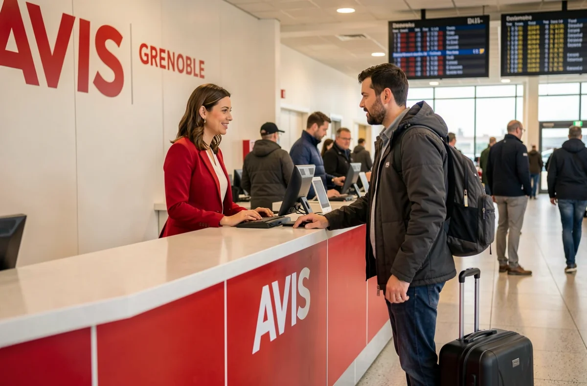 Agente Avis en blazer rouge aidant un voyageur au comptoir de l'agence Grenoble