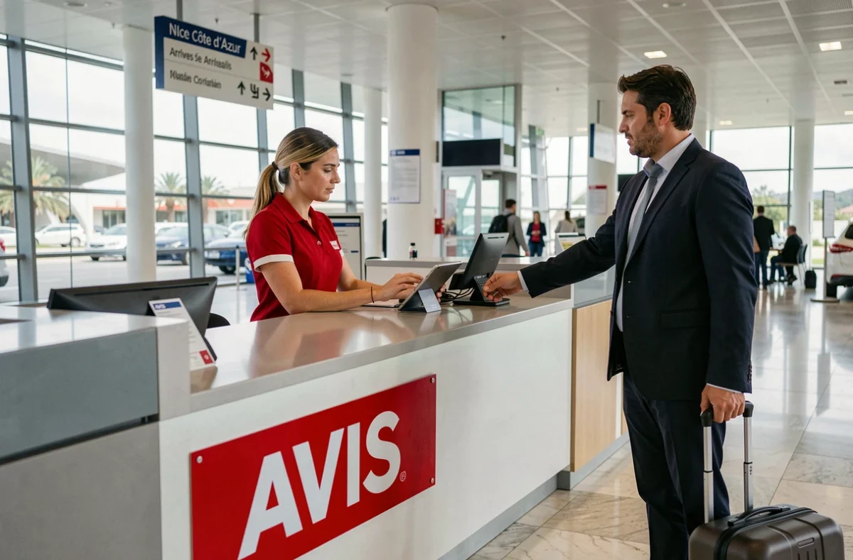 Comptoir Avis à l'aéroport Nice Côte d'Azur avec une agente en rouge traitant la location pour un voyageur d'affaires