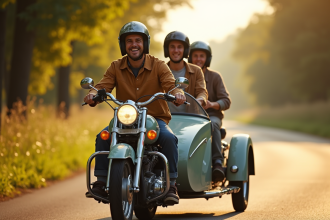 Trois personnes en moto classique avec sidecar sur route ensoleillée