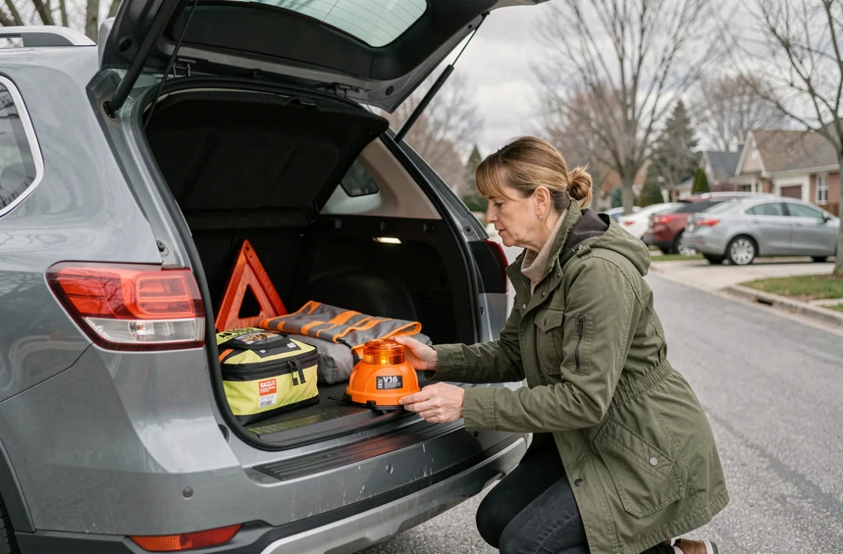 Femme inspectant une balise V16 connectée dans le coffre d'un SUV familial avec kit de sécurité automobile