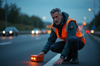 Homme plaçant une balise lumineuse V16 connectée sur le bord d'une autoroute lors d'une panne de voiture