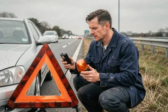 Comparaison entre un triangle de signalisation classique et une balise V16 connectée tenue par un automobiliste en bord d'autoroute