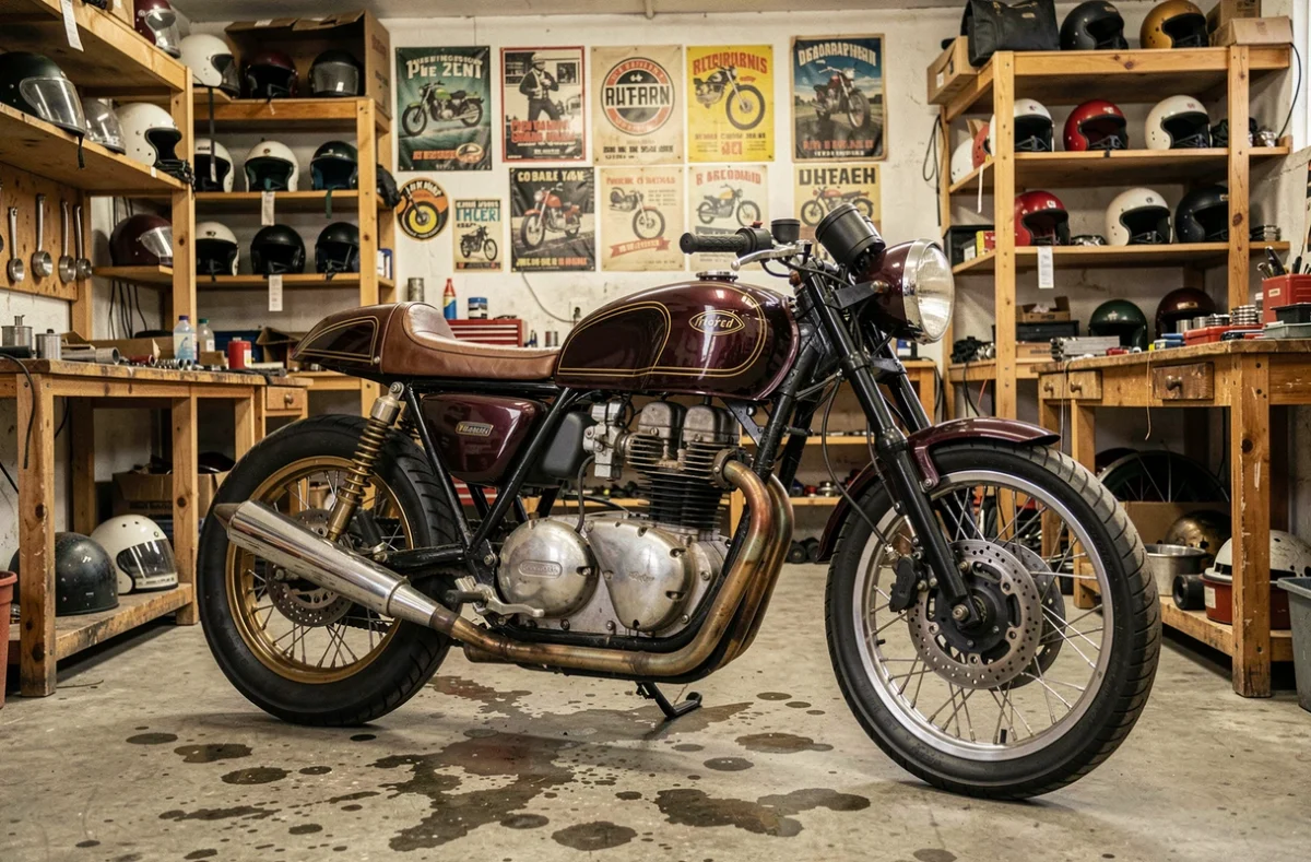 Café racer vintage exposé dans une concession de motos d'occasion, intérieur authentique d'atelier mécanique