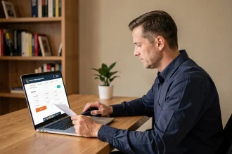 Homme consultant un calculateur de prix carte grise en ligne sur un ordinateur portable avec un document de véhicule en main