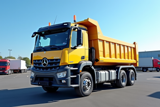 Camion benne neuf sur un parking en France sous un ciel bleu