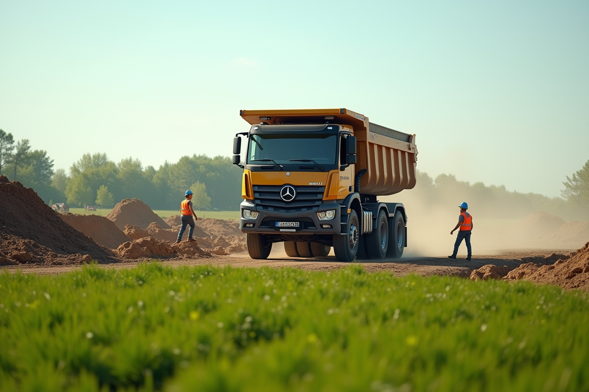 Camion benne en action sur un chantier en campagne en France