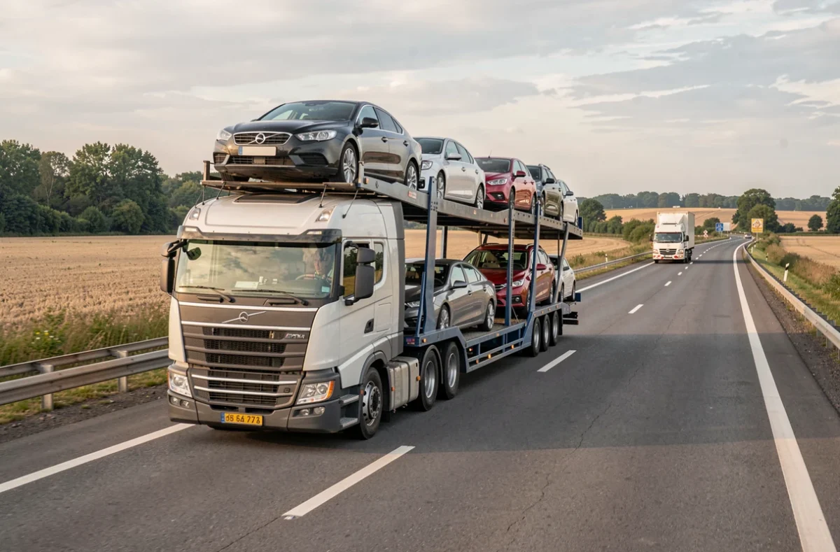 Camion porte-voitures chargé de plusieurs voitures sur une autoroute