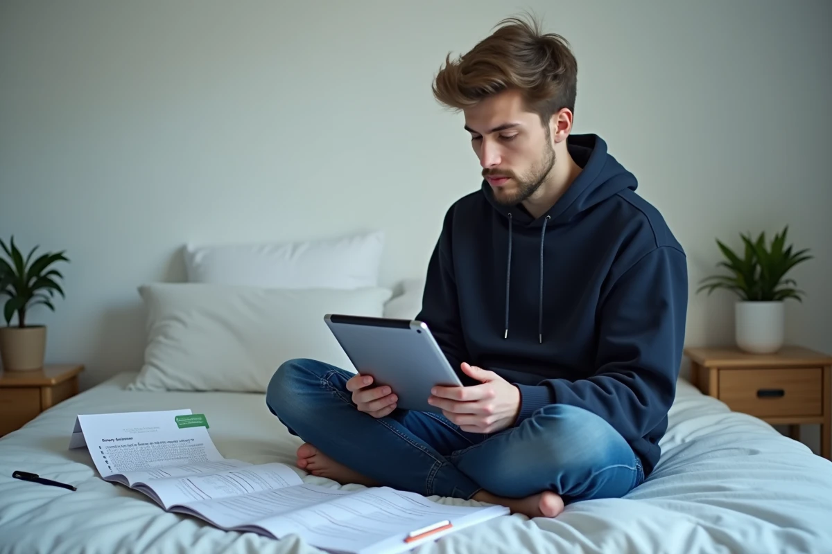 Jeune homme préparant le code de la route en candidat libre avec une tablette et des fiches PDF imprimées sur son lit