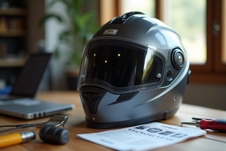 Casque de moto moderne sur une table en bois avec outils de maintenance