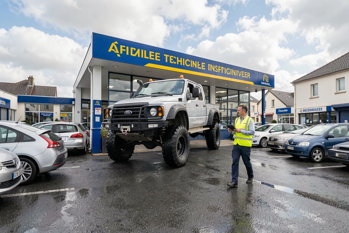 Centre de contrôle technique avec un véhicule surélevé 4x4 stationné devant l'entrée sous ciel nuageux