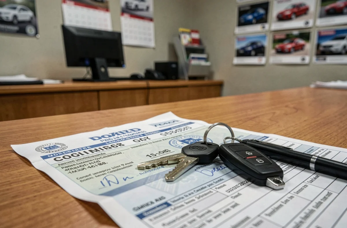 Certificat d'immatriculation français posé sur le comptoir d'un garage avec des clés de voiture lors d'une démarche de carte grise urgente