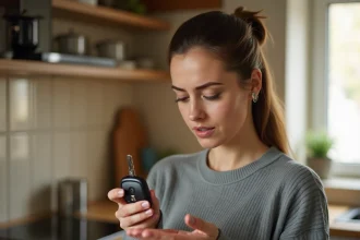 Femme tenant une clé de Renault Clio 4 avec le compartiment batterie ouvert dans une cuisine
