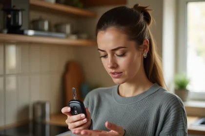 Femme tenant une clé de Renault Clio 4 avec le compartiment batterie ouvert dans une cuisine
