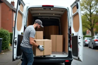Homme chargeant des cartons dans le volume de chargement d'un Renault Master 11m3 lors d'un déménagement