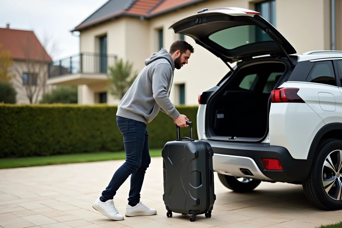 Homme chargeant une valise dans le coffre du Peugeot 3008 Phase 2 devant une maison résidentielle