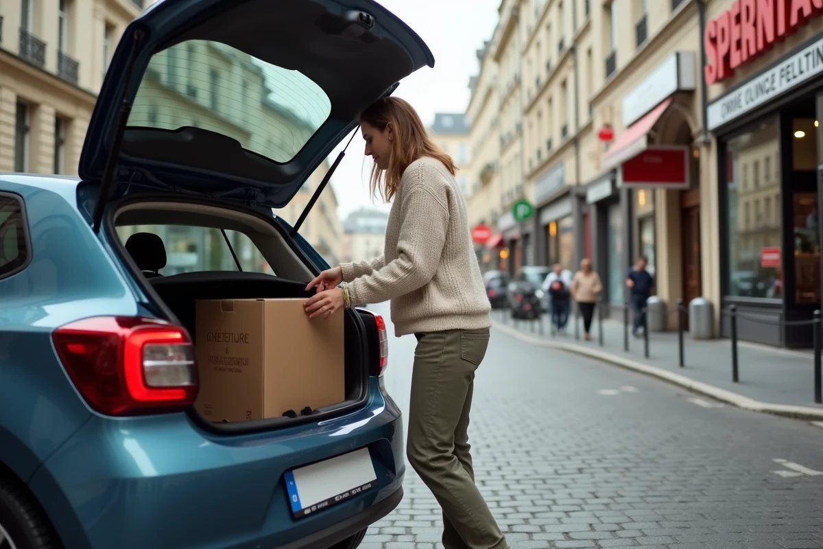 Femme chargeant un panier de courses dans une voiture à Paris