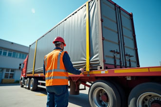 Conducteur de camion sécurisant une charge lourde en logistique