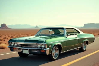 Chevrolet Impala 4 portes 1967 en vert métallisé garée sur une route américaine désertique avec formations rocheuses en arrière-plan