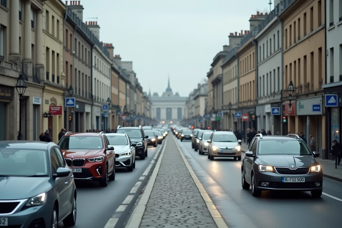 Circulation automobile en centre-ville de Rennes avec vignettes Crit'Air visibles sur les pare-brises des voitures