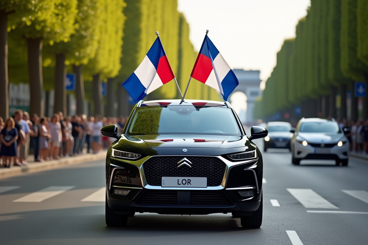 Coupé de la motorcade Citroën DS7 sur les Champs Élysées ensoleillés
