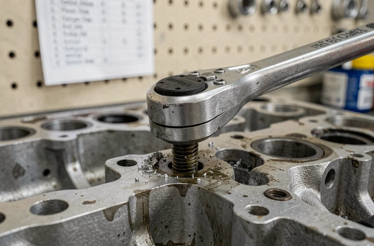 Gros plan d'une clé dynamométrique sur un boulon de culasse moteur avec fiche de couples de serrage visible en arrière-plan dans un garage