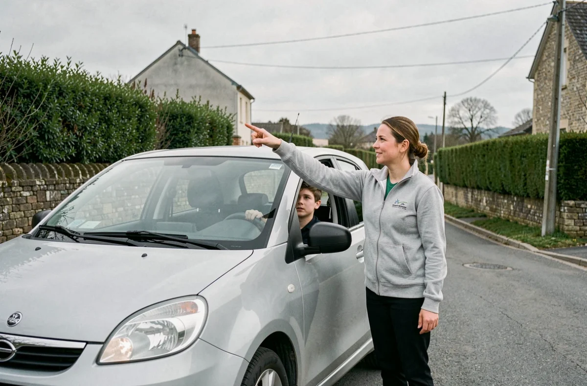 Une monitrice de l'auto-école Cléry Conduite expliquant un exercice à un élève sur une rue de village