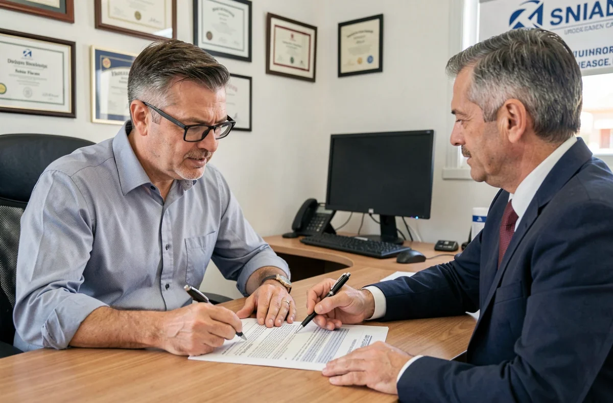 Client discutant d'un contrat d'assurance moto avec un courtier dans une agence à Toulon