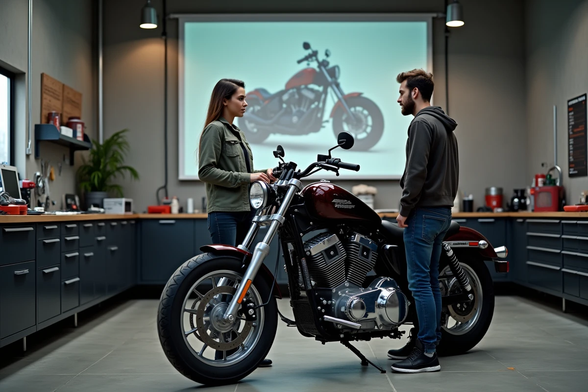 Jeune femme discutant avec un spécialiste de moto en atelier