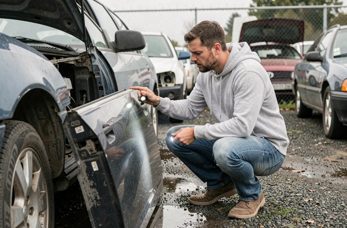 Client examinant une pièce de carrosserie d'occasion dans la casse AES à Plan de Campagne