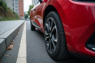 Renault Clio rouge vue de trois quarts avant avec focus sur le pneu et ses dimensions inscrites sur le flanc