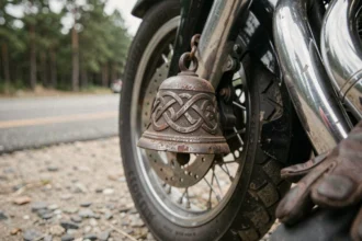 Cloche de gardien accrochée sous le cadre d'une moto Harley-Davidson avec gravures celtiques, photographiée en gros plan macro à un arrêt bord de route