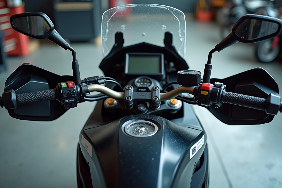 Gros plan sur le cockpit et pare-brise réglable d'un trail moto de grand tourisme, protection aérodynamique autoroute