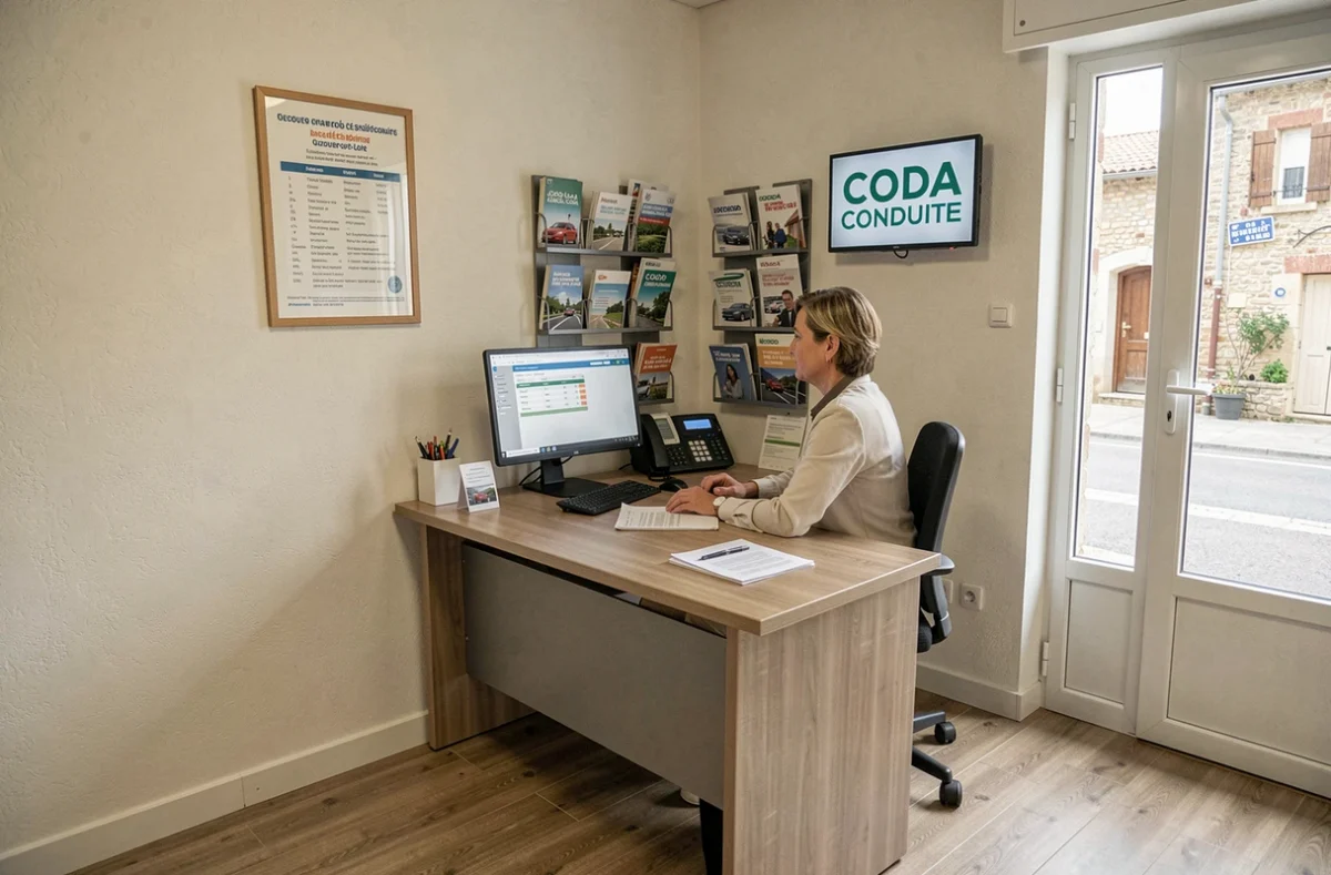 L'accueil de l'auto-école CODA CONDUITE à Ouzouer avec une secrétaire au bureau