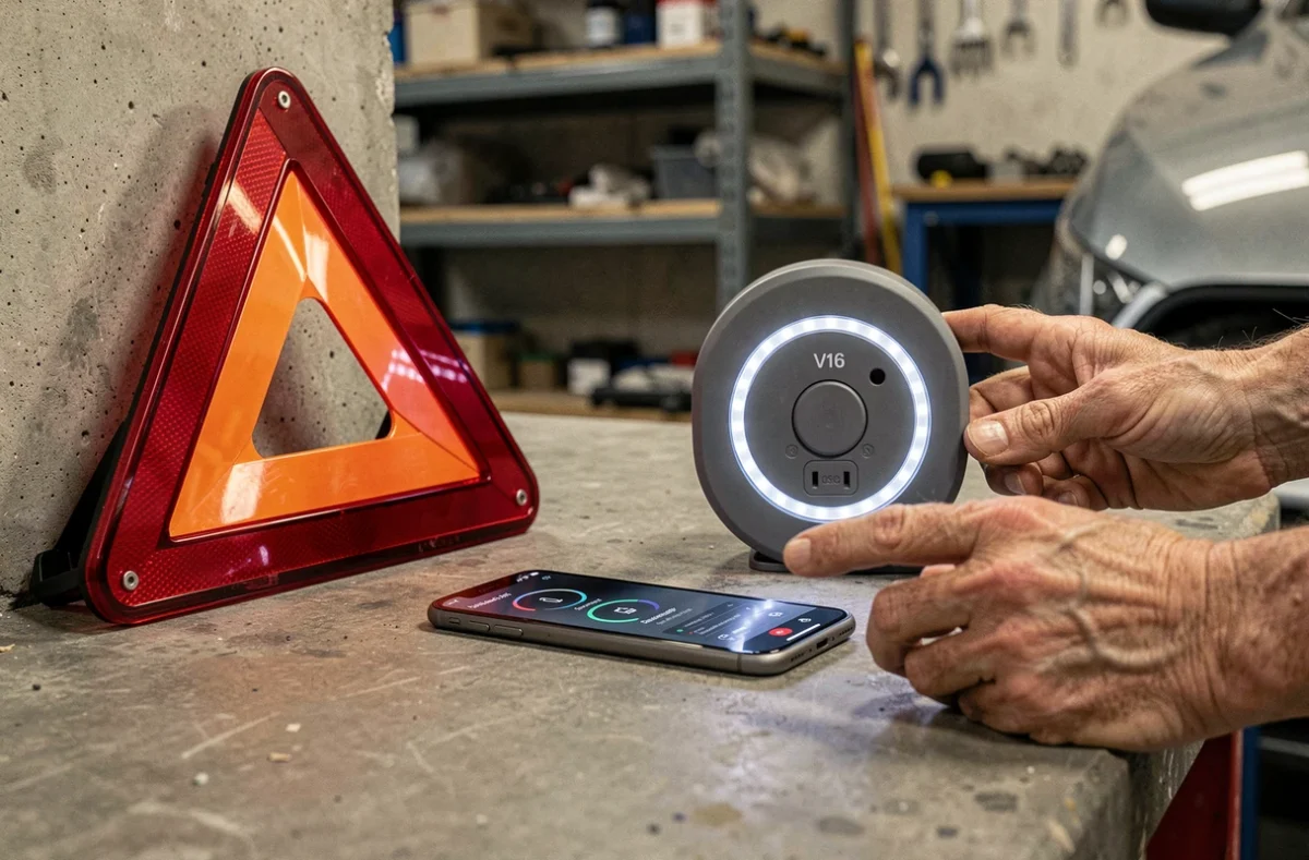 Comparaison en atelier d'une balise V16 connectée et d'un triangle de signalisation avec smartphone associé