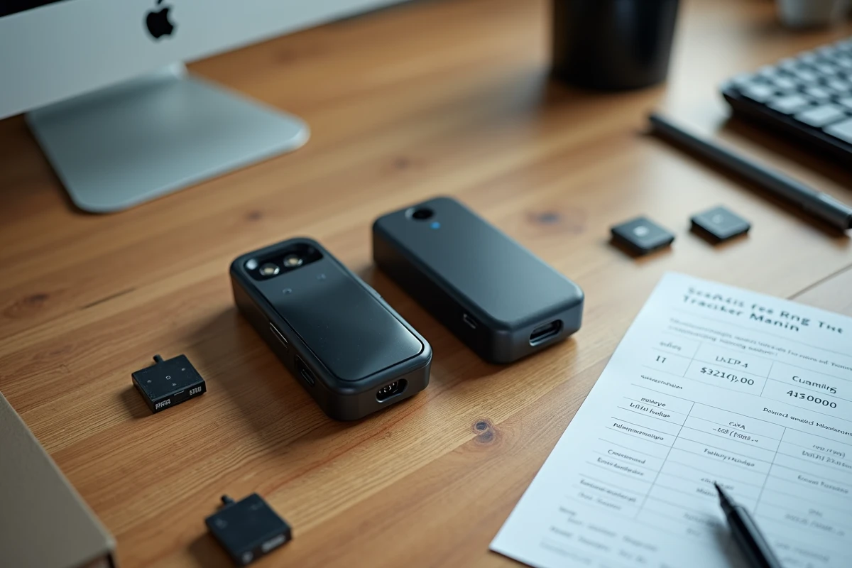 Comparaison de deux détecteurs de traceurs GPS, modèle pas cher et modèle milieu de gamme, posés sur un bureau en bois