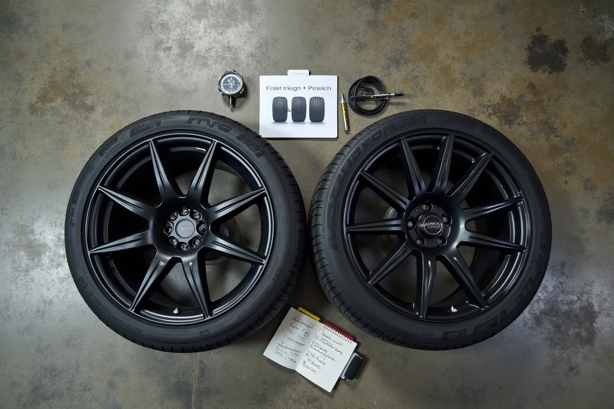 Comparaison de pneus de différentes dimensions pour Renault Clio avec tableau de mesures et manomètre sur sol de garage