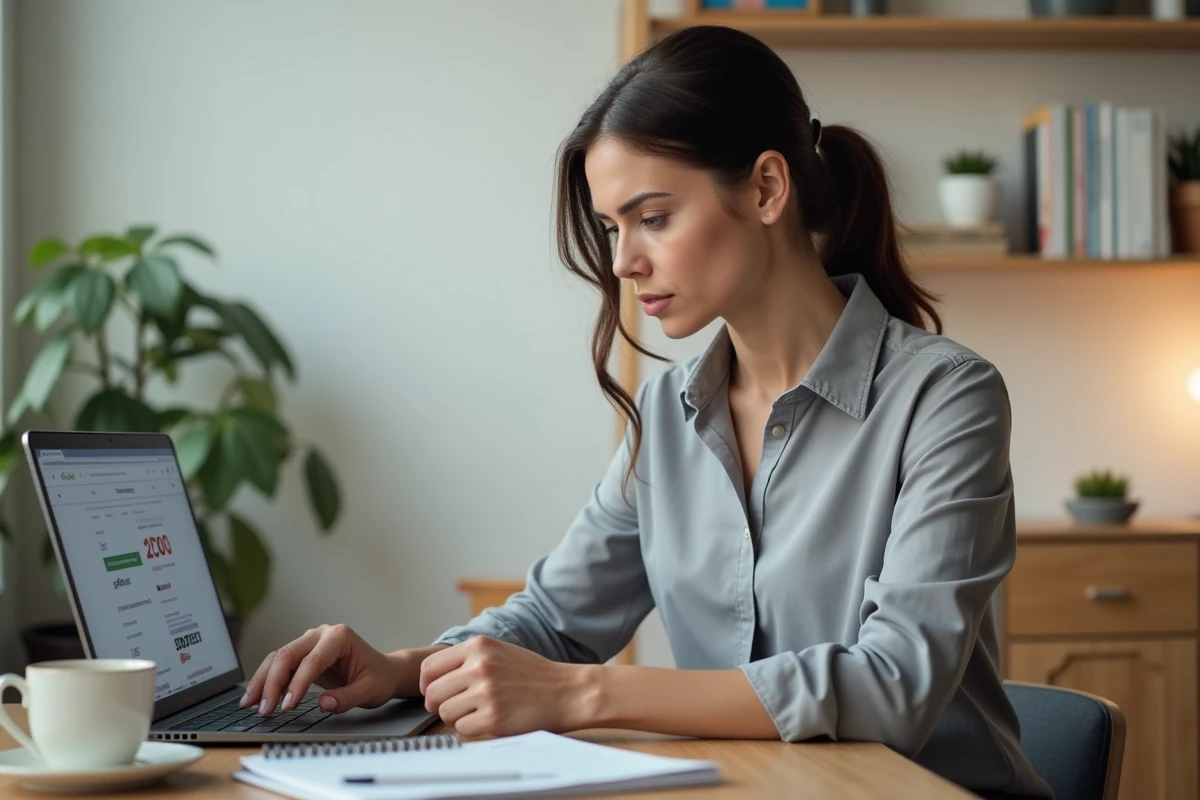 Femme comparant des prix de pneus sur différents sites internet depuis un bureau à domicile